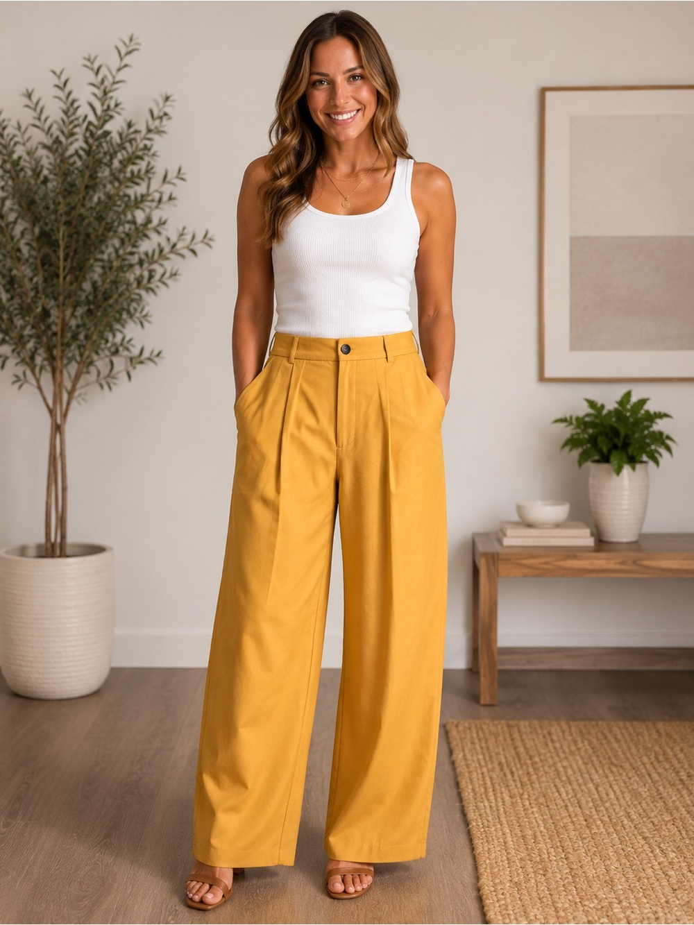 Women’s Mustard Yellow Wide Leg Dress Pants High Waist Pleated Trouser Slacks